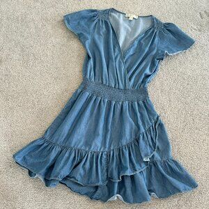 Michael Kors Flutter Sleeve Faux Wrap Ruffle Dress Chambray Light Blue SMALL -1A